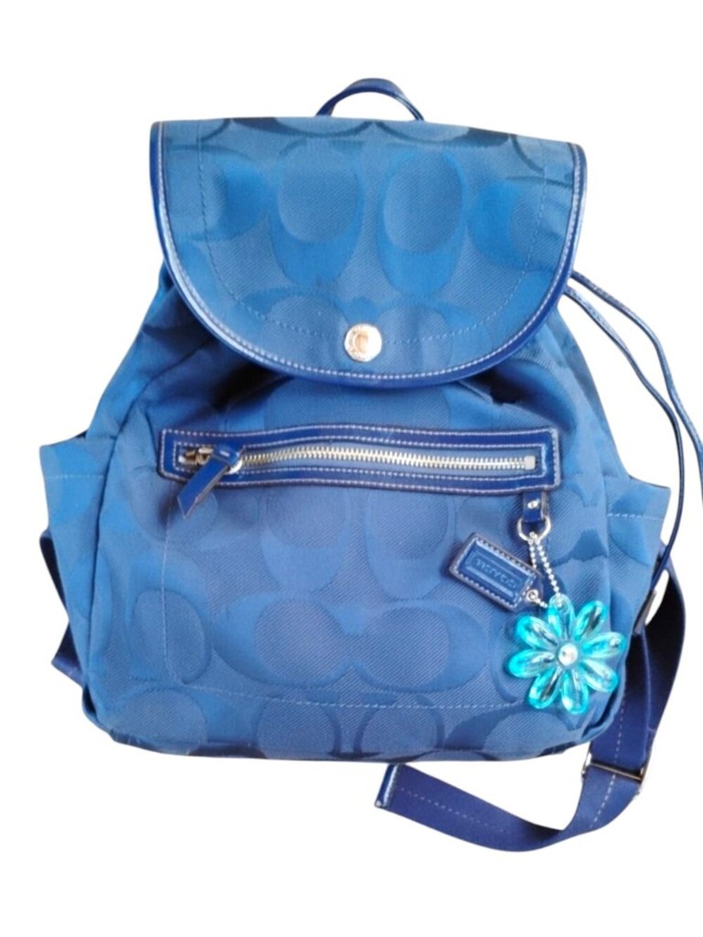 Coach Poppy/Kyra Mix Full Size Blue Signature Nylon Backpack with Flower Charm